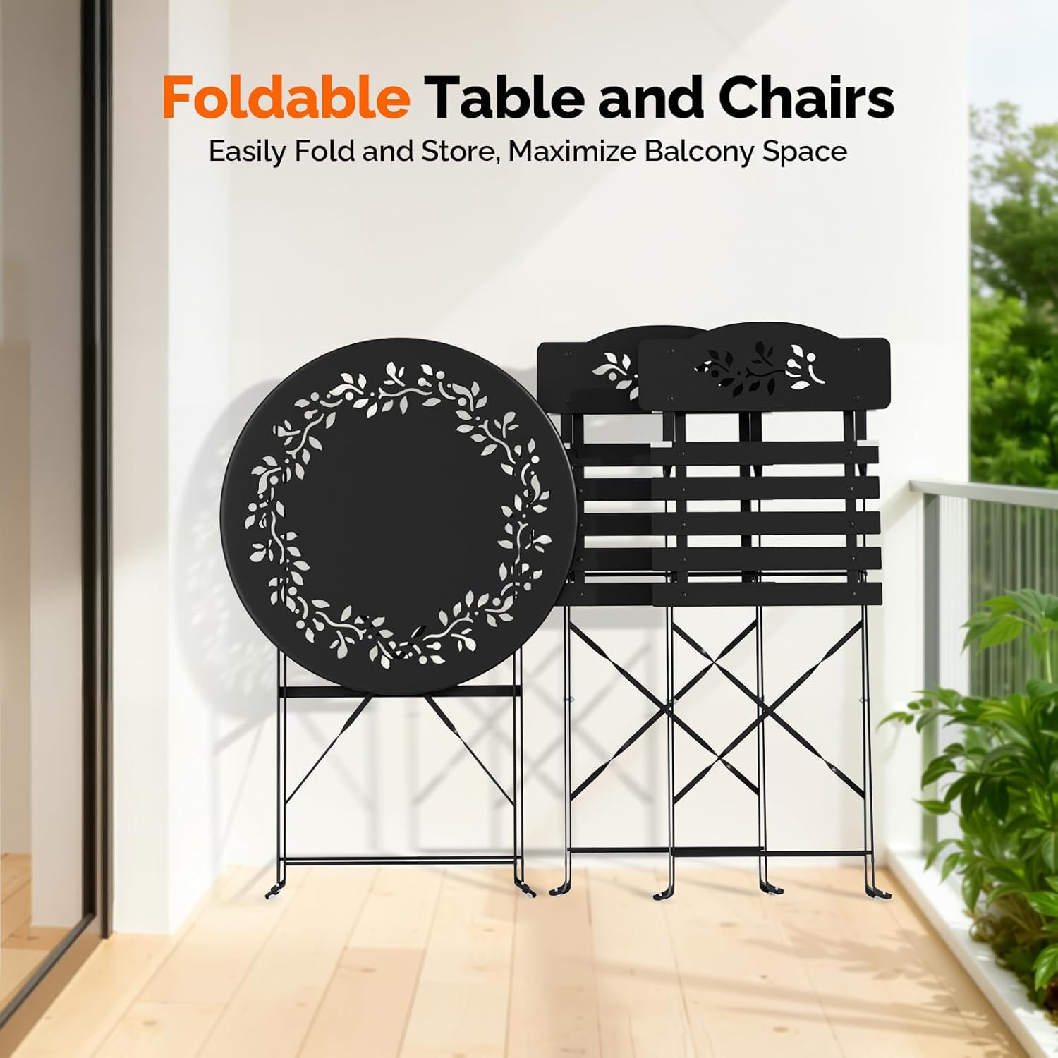 VINGLI Outdoor Folding Bistro Table and Chairs Set of 2, 3-Piece Bistro Set with Olive Leaf Cutout Design and Comfortable Cushions for Patio, Balcony, Garden, Porch, Yard, Black