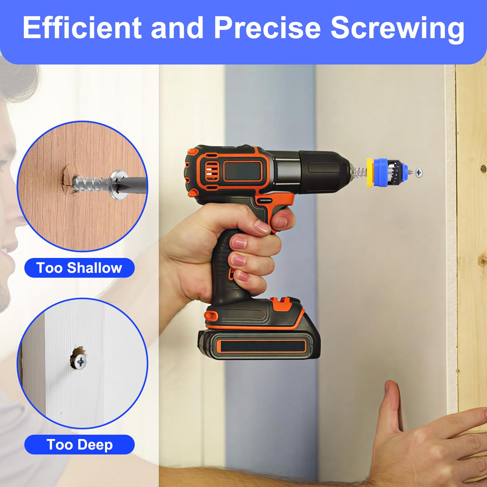 Avvitatore per Cartongesso 7 Livelli, Portapunte Magnetico per Cartongesso con Anello in Gomma e 2 Bit di Ricambio Inclusi, per Cartongesso, Truciolato, Compensato