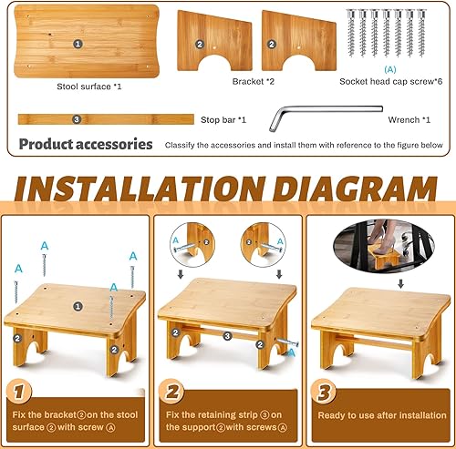 Miniatura 6 de Yookeer Reposapiés debajo del escritorio, taburete de madera para lactancia, reposapiés inclinado, taburete de madera antideslizante portátil para