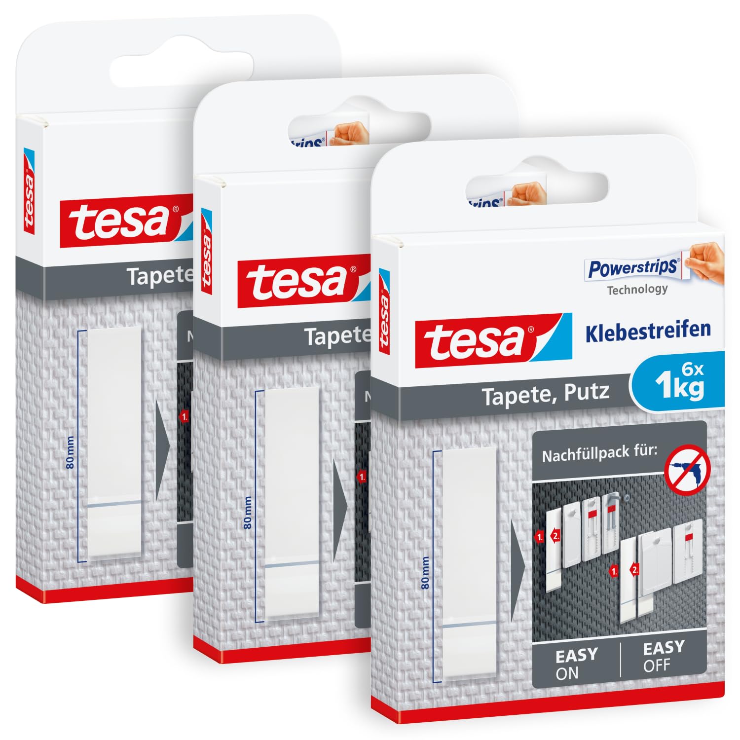 tesa Klebestreifen Tapete und Putz im 3er Pack - Klebestreifen zum tesa Klebenagel für Tapeten und Putz - 1 kg Halteleistung pro Streifen - 3 x 6 Streifen
