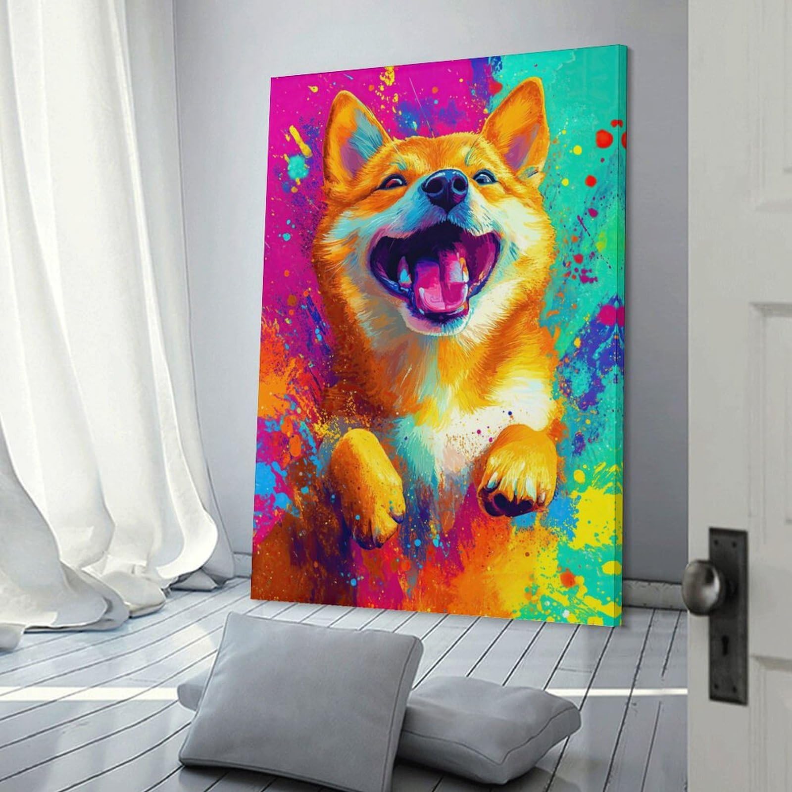 Junmoney Happy Shiba Inu Painting Canvas Wall Picture 16x24inch(40x60cm), for Living Spaces, Bedrooms Or Relaxed Rooms, Modern Wall Decor for Cosy Interiors