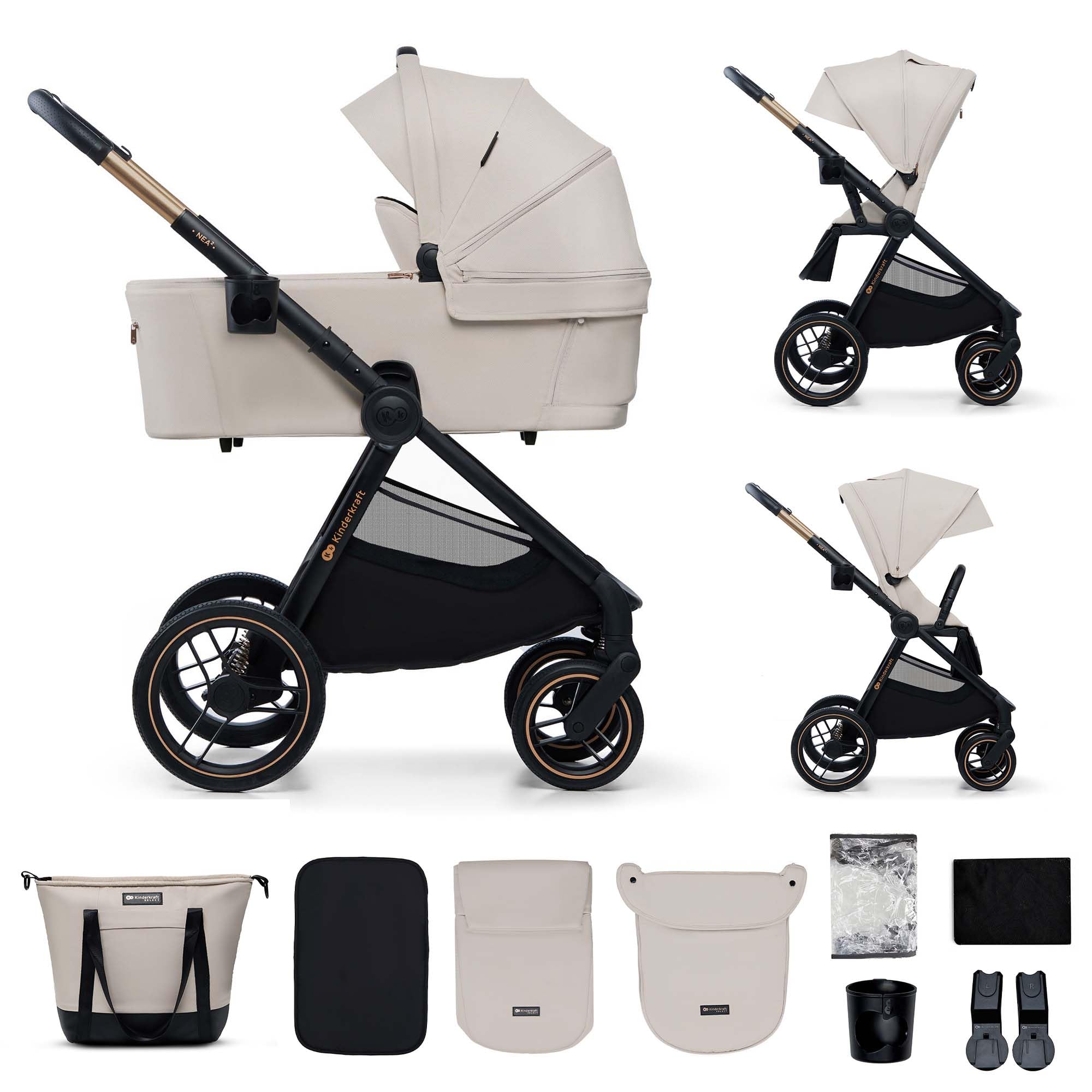 Kinderkraft NEA 2 Kinderkraft buggy von Geburt bis 22 kg, Zusammenklappen mit einer Hand, Liegeposition, großes Verdeck, alle 4 Räder gedämpft, extrem leicht, UPF50+, Korb bis zu 5 kg, Beige