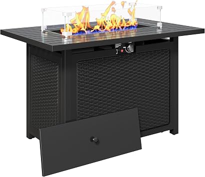 FansaFurn 43 Outdoor Propane Fire Table Set with Heavy-Duty Glass Stones, Glass Wind Guard, Lid & Water-Resistant Cover, 50,000 BTU Metal Fire Pit Table, Rectangle Fire Pit Table for Patio, Deck