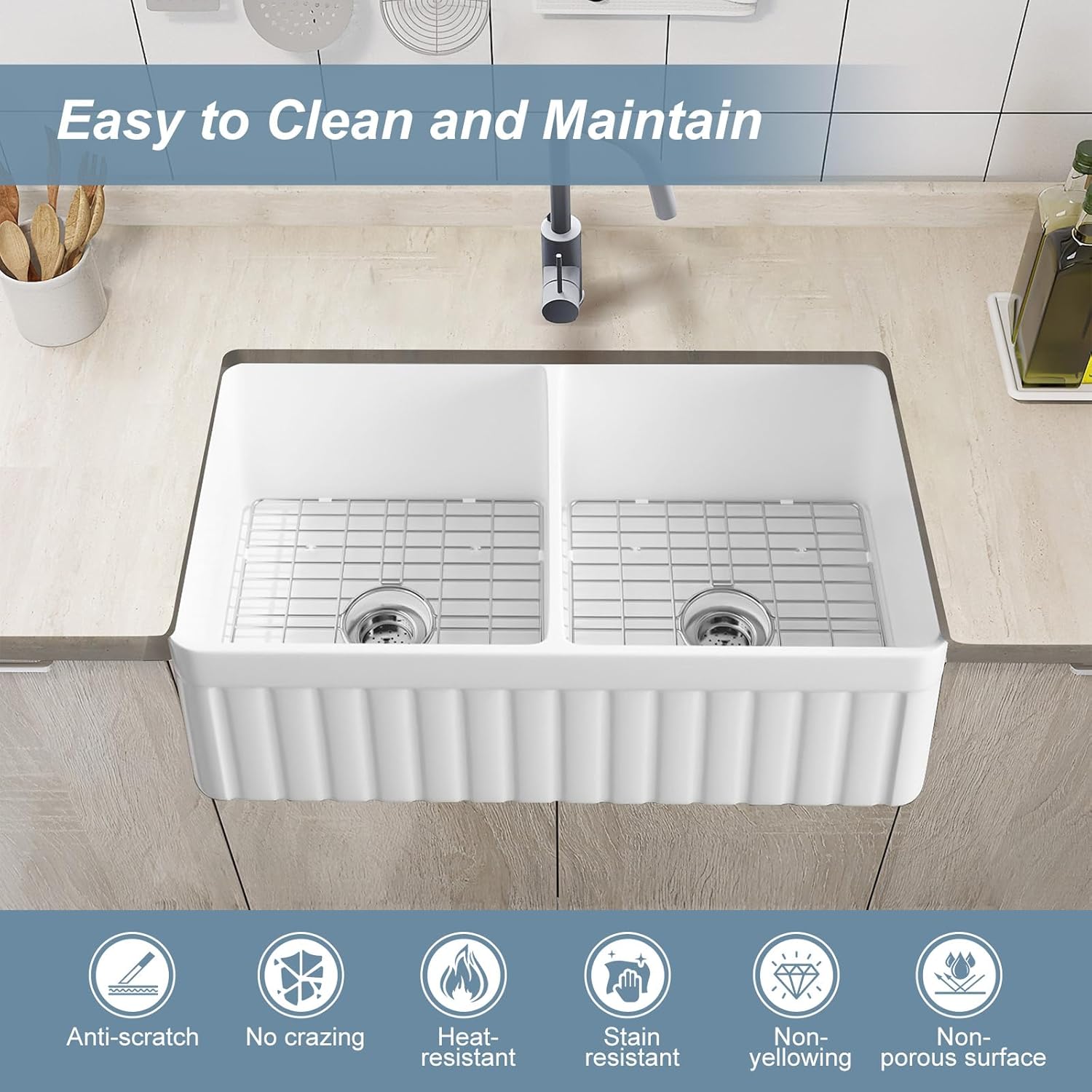 HOROW HRSW Farmhouse Kitchen Sink, 33-inch Double Bowl Sink with Bottom Grid and Strainer,Large Apron-front Ceramic Porcelain Sink Basin, 18"D x 33"W x 10"H, White