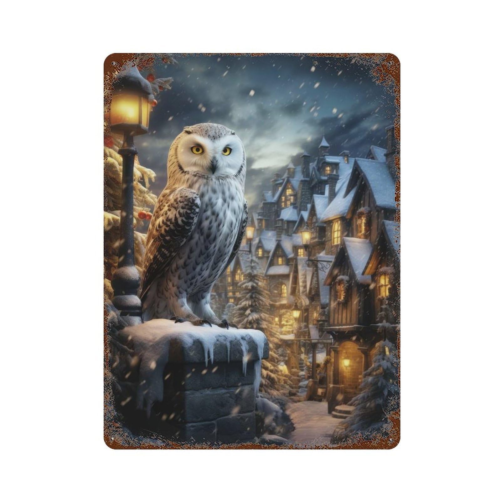 Retro Metal Sign Winter Owl 15.7"x11.8", Retro Wall Decor for Living Room, Hallway And Home Decor