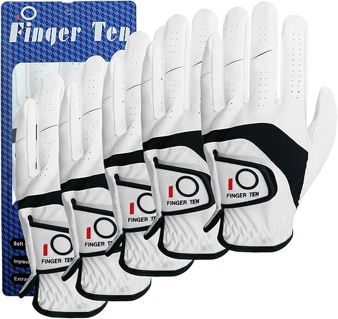 FINGER TEN Men’s Golf Gloves 5 PCS Left Hand Right Handed Leather All Weather