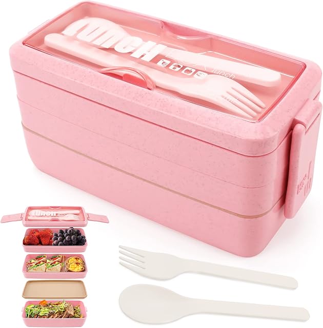 3 Layer Lunch Box Bento Box for Adults, 4-in-1 Meal Prep Container with Fork & Spoon, 1000ml Food Storage Box for Men Women Student School Office, Microwave Dishwasher Safe Available (Pink)