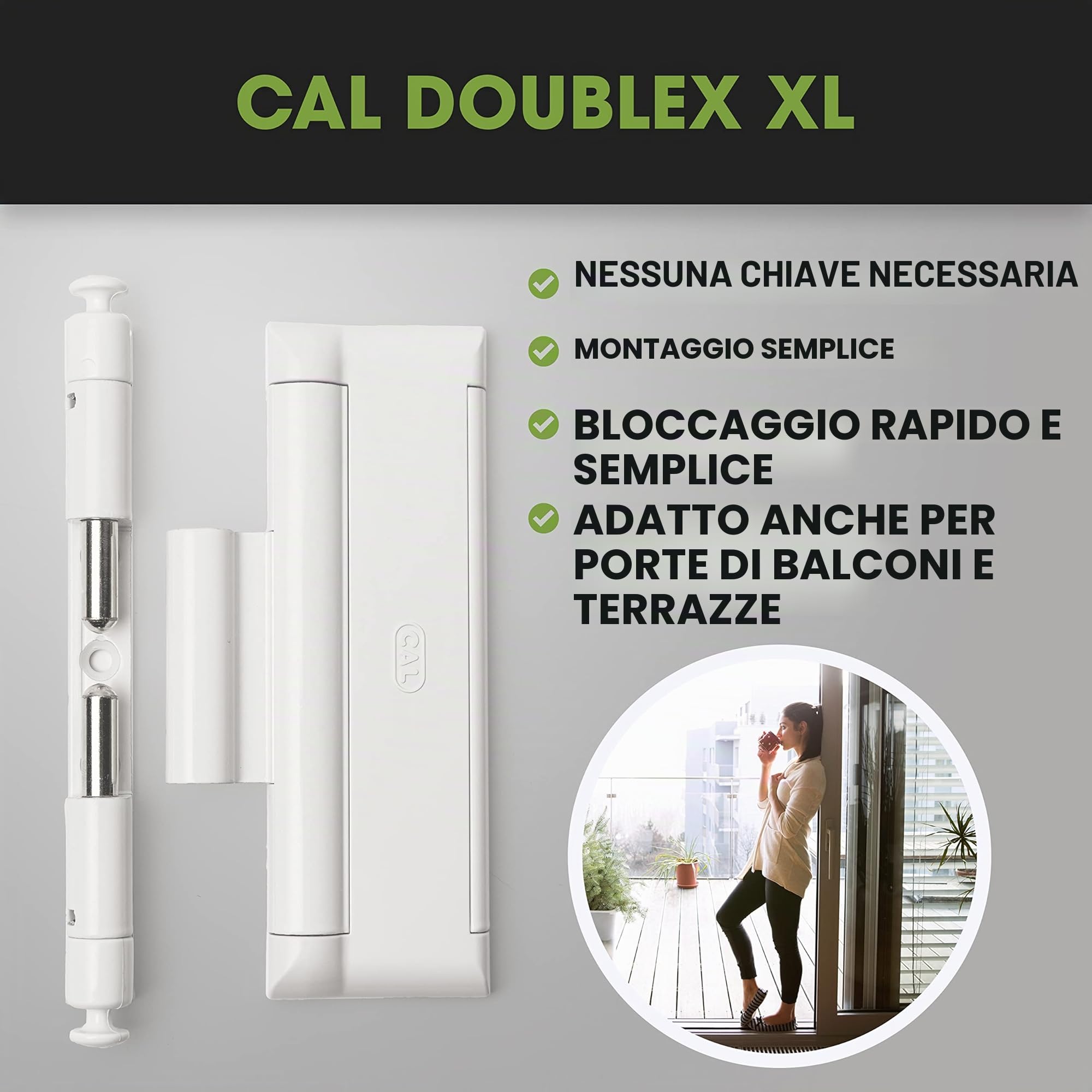Cal Doublex XL - Blocco di sicurezza antifurto per finestre, sicurezza per porte e finestre - Con 2 cerniere in acciaio