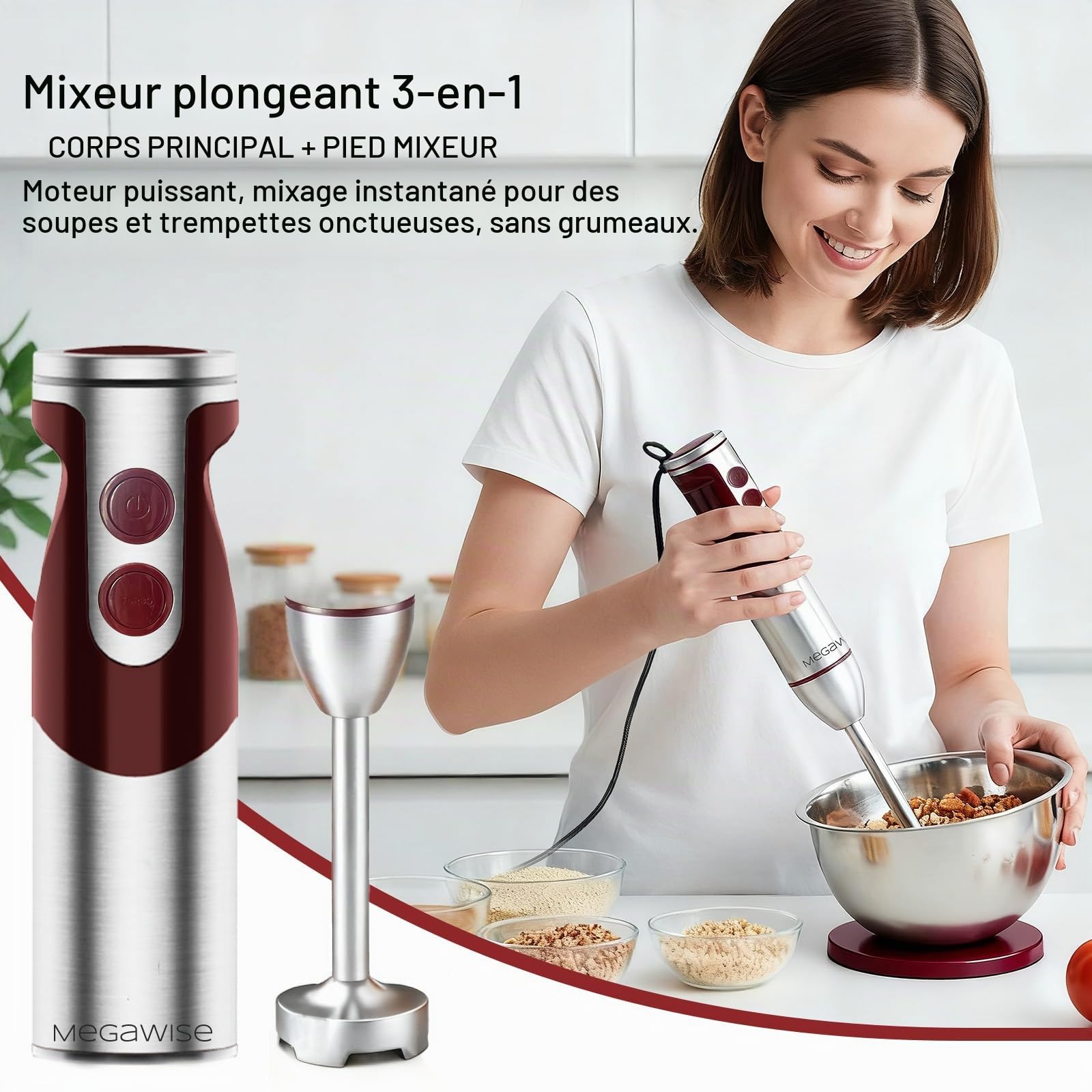 Megawise Pro Titanium Enhanced 3 - en - 1 immersion cordon mélangeur à main puissant moteur avec 80% de lames tranchantes 12 vitesses cordon mélangeur y compris Whisky & MILK CREAM (3 - en - 1 rouge)