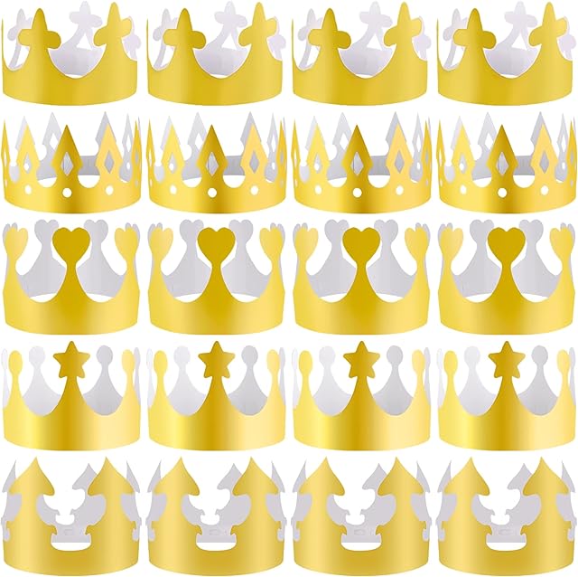 SIQUK 25 Pieces Paper Crowns Party King Crown Gold Paper Hats for Kids Adults Party and Celebration, Chic Style