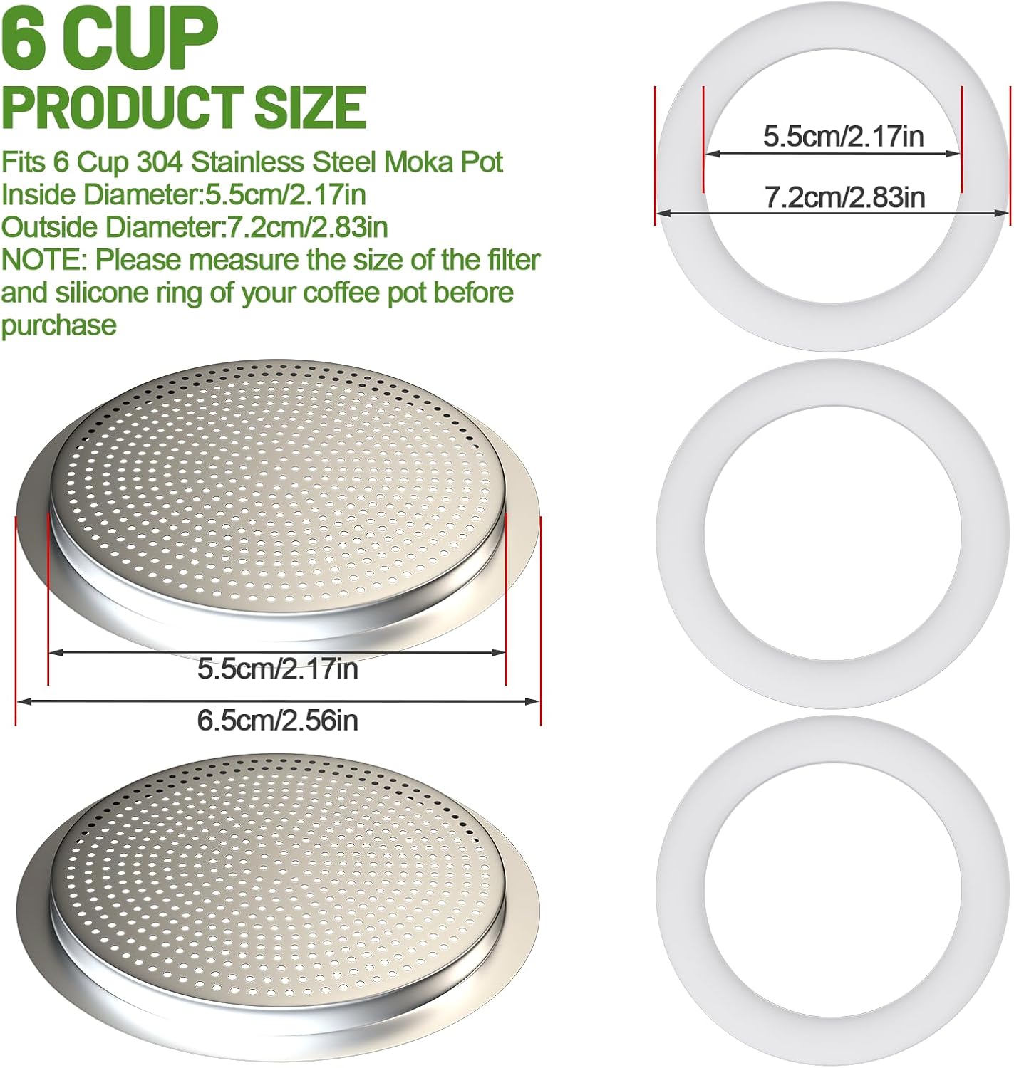 6 Cup Glass Transparent Stovetop Espresso Maker 304 Stainless Steel Moka Pot with 2 Pcs Filter and 3 Pcs Silicone Gasket Seals