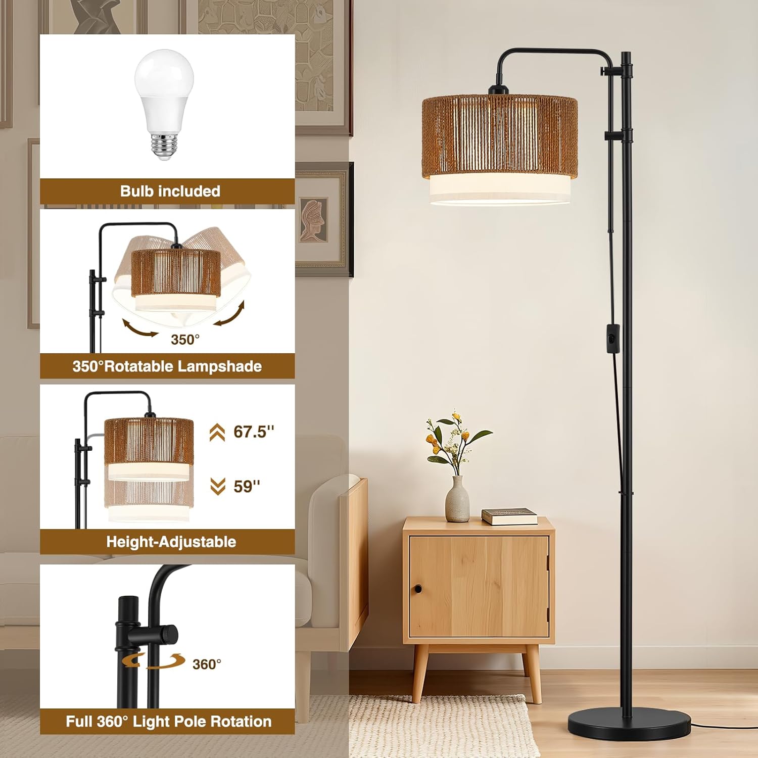 GyroVu Rattan Floor Lamps for Living Room, Boho Farmhouse Arc Standing Lamp with Rattan & Fabric Shades, Adjustable Height Tall Lamp for Bedroom Reading Corner Office, Color Temperature Bulb Included