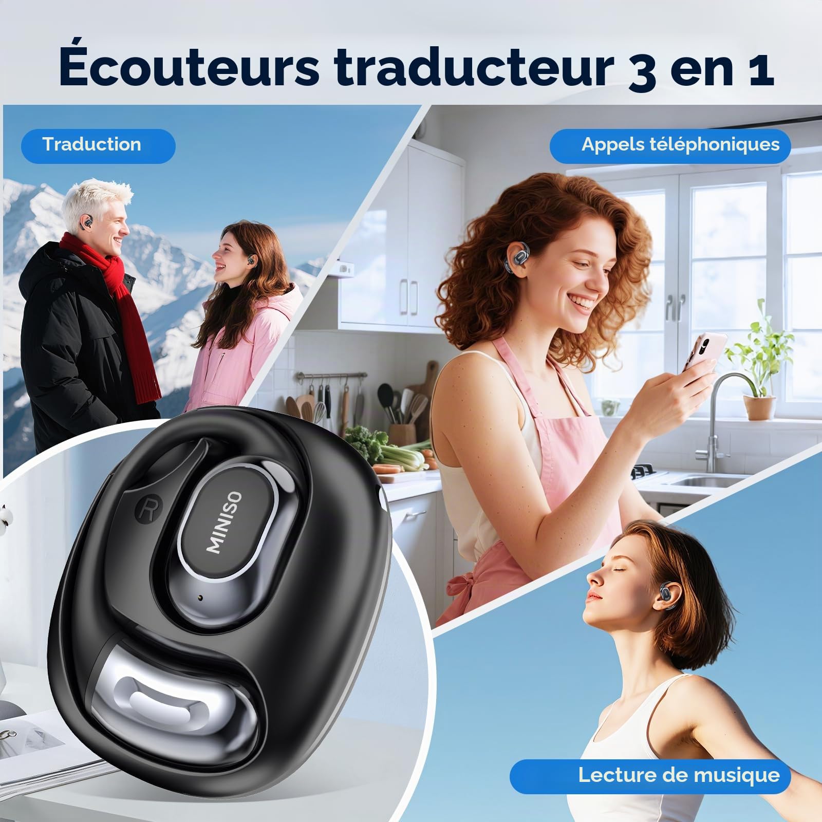 MINISO MS156 AI Ecouteur Traducteur, Ecouteur Traducteur Instantané 3 en 1 en Temps Réel avec Fonction de Traduction IA, Traducteur 134 Langues Écouteurs pour Affaires, Voyages et études
