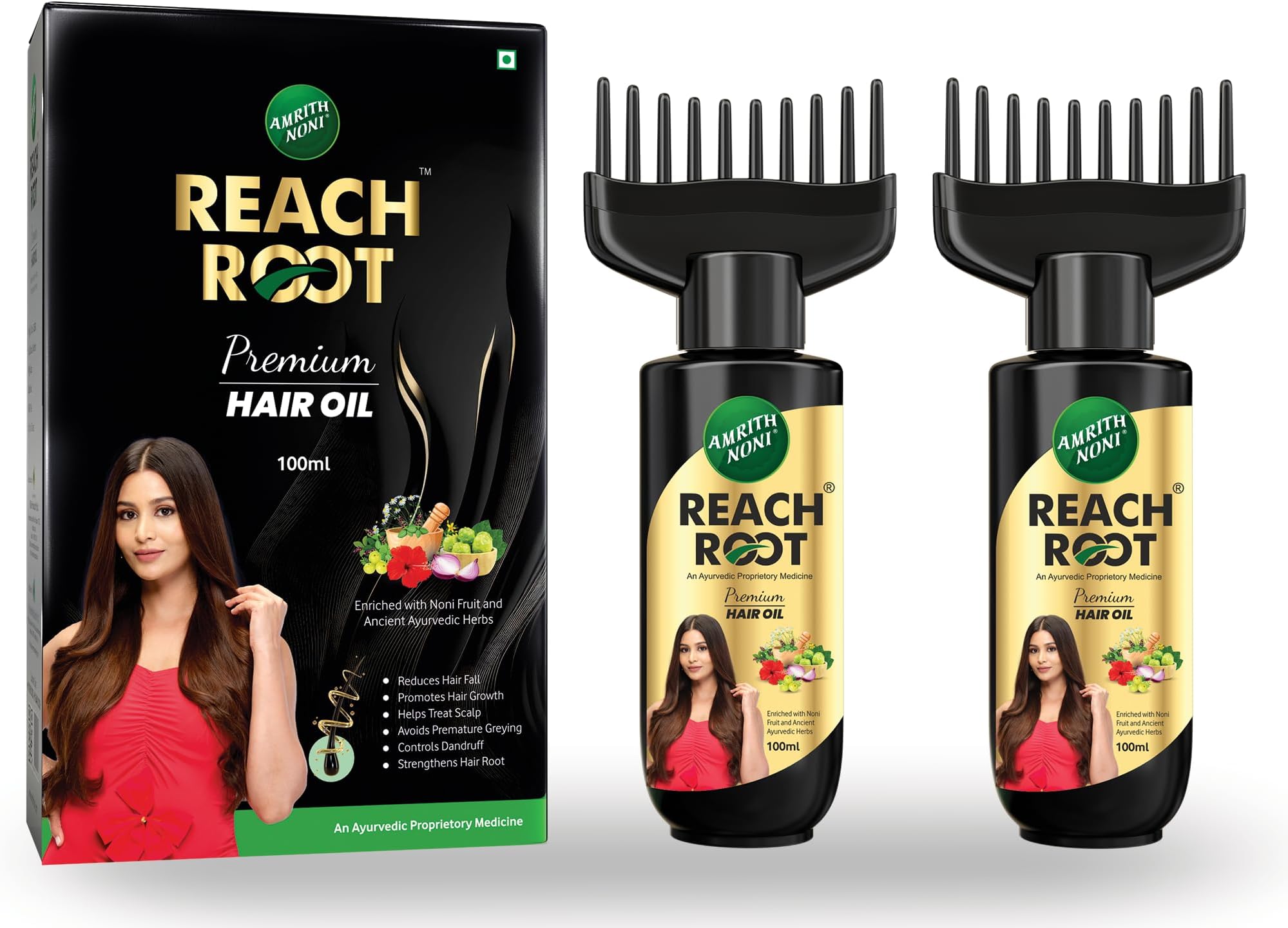 Amrith Noni Reach Root Premium Hair Oil 100ml | Natural Herbal Hair Care | Ayurvedic Scalp Care Oil | Chemical Free Hair Oil - Pack of 2