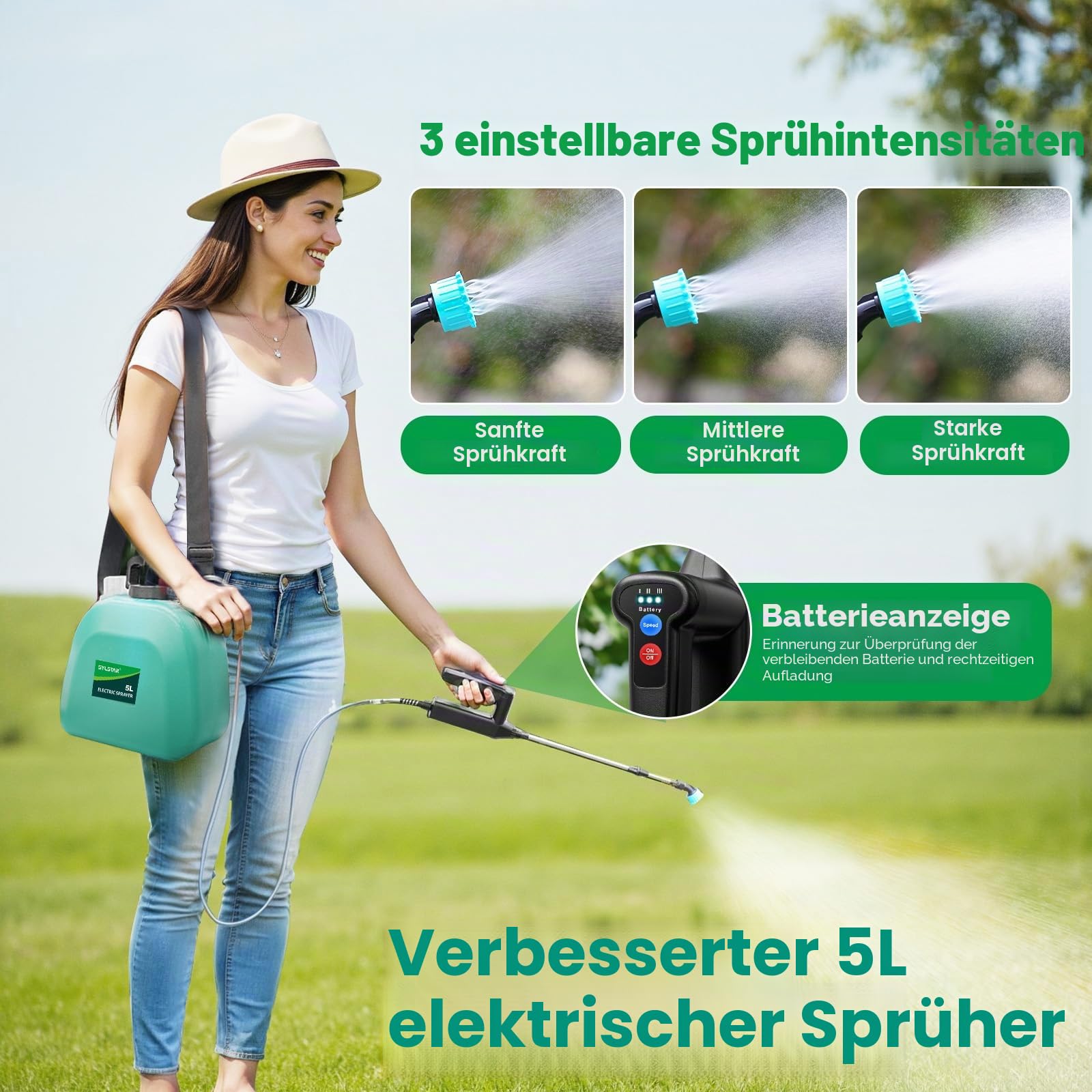 SYLSTAR Drucksprüher 5 Liter, 7.4V Stärkerer Akku Drucksprüher mit 4 Verstellbaren Düsen,3 Sprühgeschwindigkeiten Elektrischer Pflanzensprüher und 60cm Teleskopstab für Gartenspritze Unkrautspritze