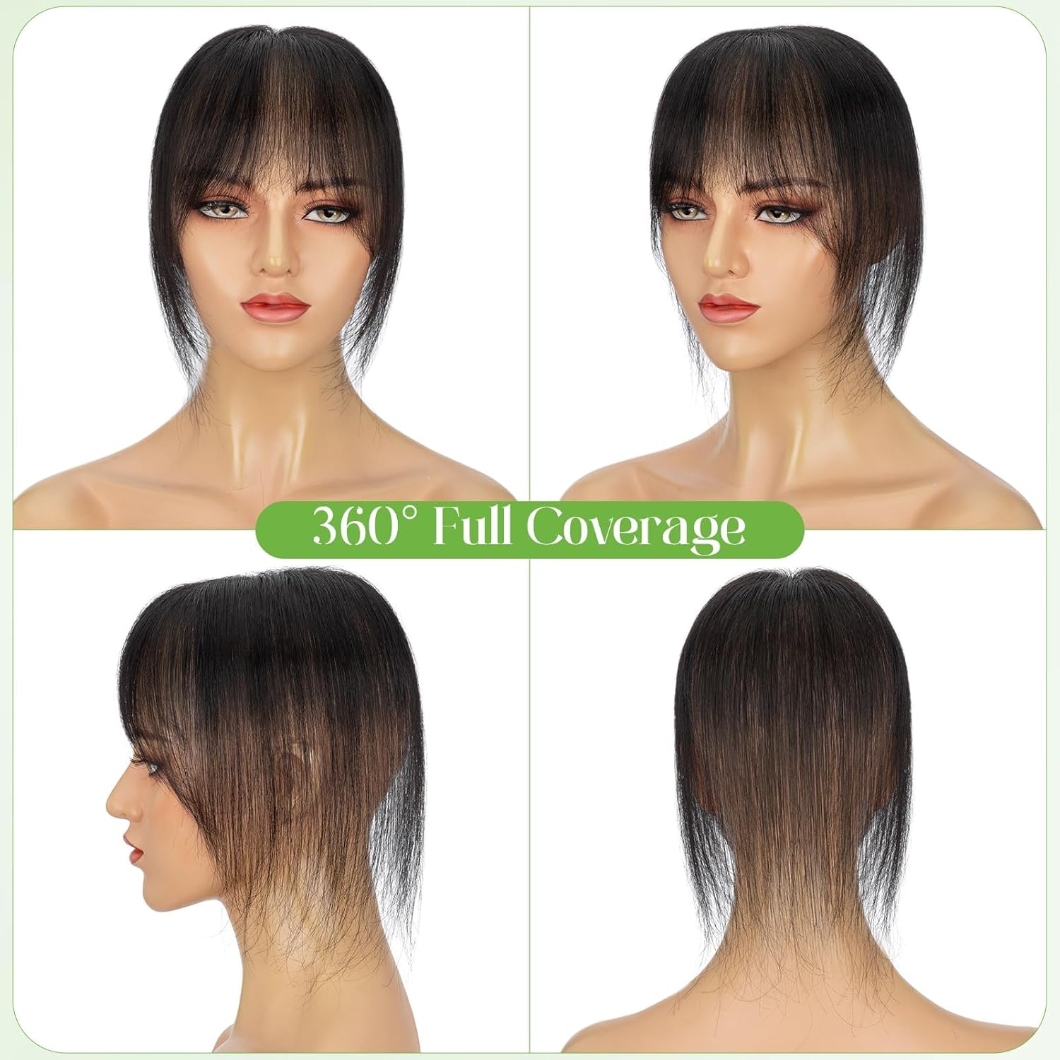 Hair Toppers for Women Real Human Hair 360°3D Cover Human Topper Clip in Bangs Short Hand-Tied Lace Base 11 Inch Hairpieces for Women (Wispy Bangs, Natural Black)