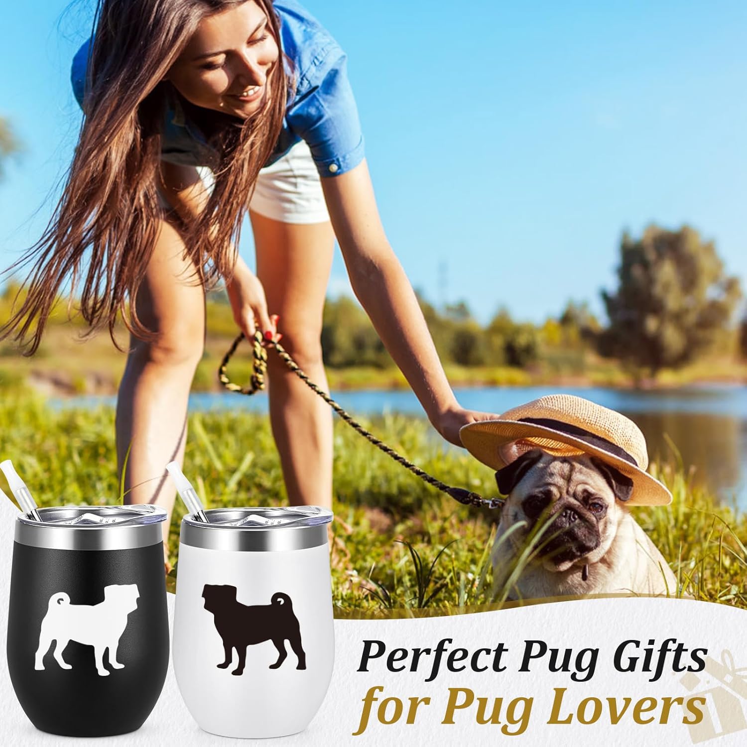 Lifecapido Pug Gifts for Pug Lovers, Pugs Silhouette 12oz Stainless Steel Wine Tumbler Set of 2, Birthday Christmas Gifts for Dog Lovers Dogs Parents Dogs Mom Dad, Black and White - Image 3