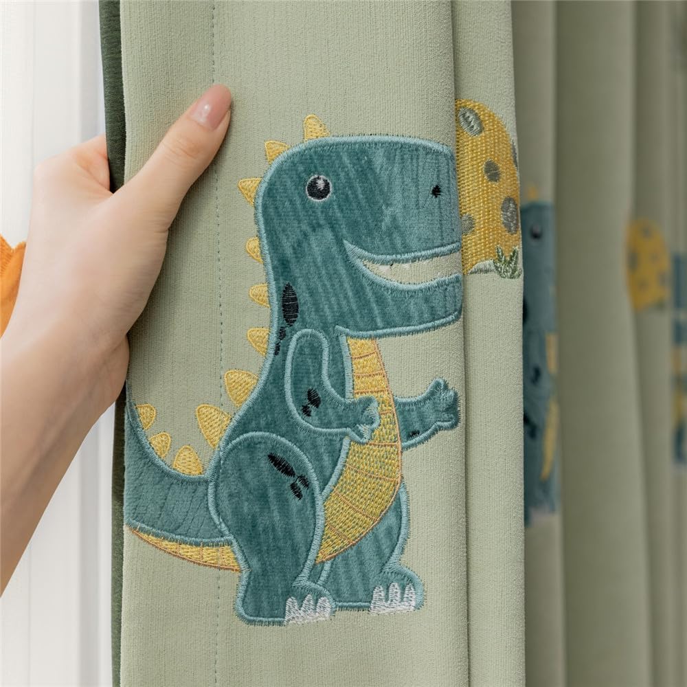 Cute Cartoon Dinosaur Embroidered Blackout Curtains for Kid's Bedroom Kid's Nursery Curtains for Boys Room Grommet Top 1 Panel (Green,W52 x L63 Inch)