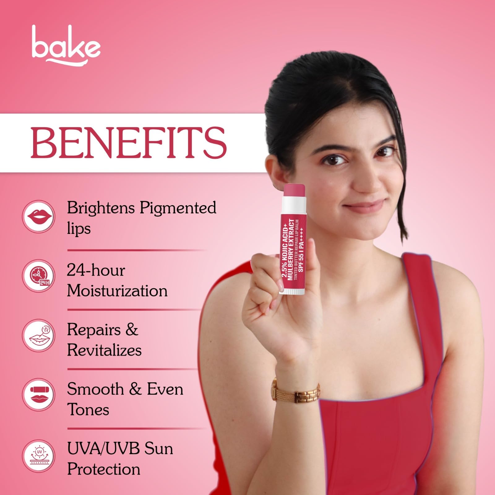 BAKE 2.5% Kojic Acid Mulberry Extract Tinted Butter Brightening Lip Balm SPF 55 PA++++ 24 Hour Moisturization | For Dark, Pigmented, Dry & Flaky Lips | De-Tan Lip Balm - 5g 2