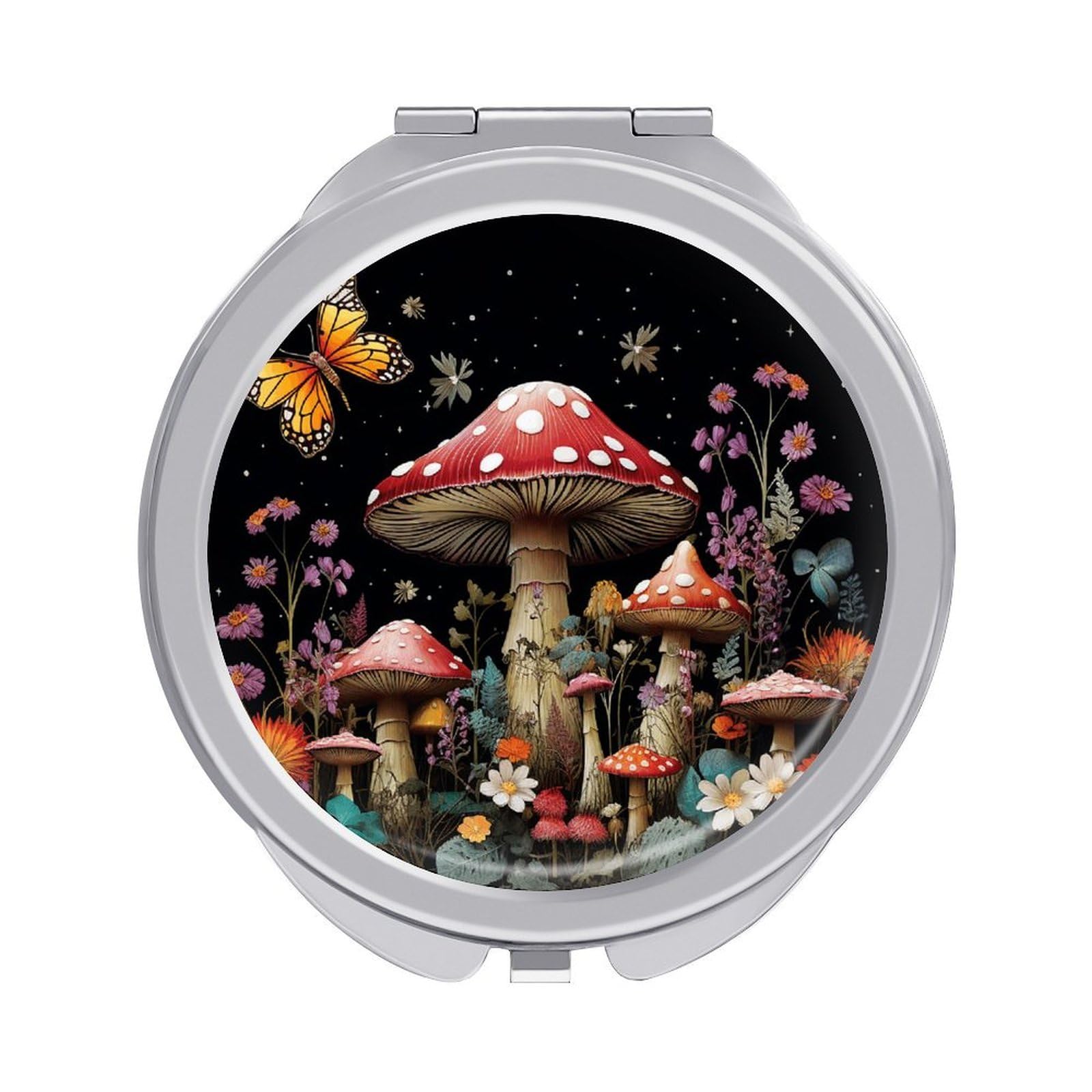 Fekiloot Style Mushrooms And Butterflies On Black Background Travel Makeup Mirror Handheld Compact Mirror Portable Pocket Mirror Double-Sided 1X/2X Magnifying For Handbag And Purses