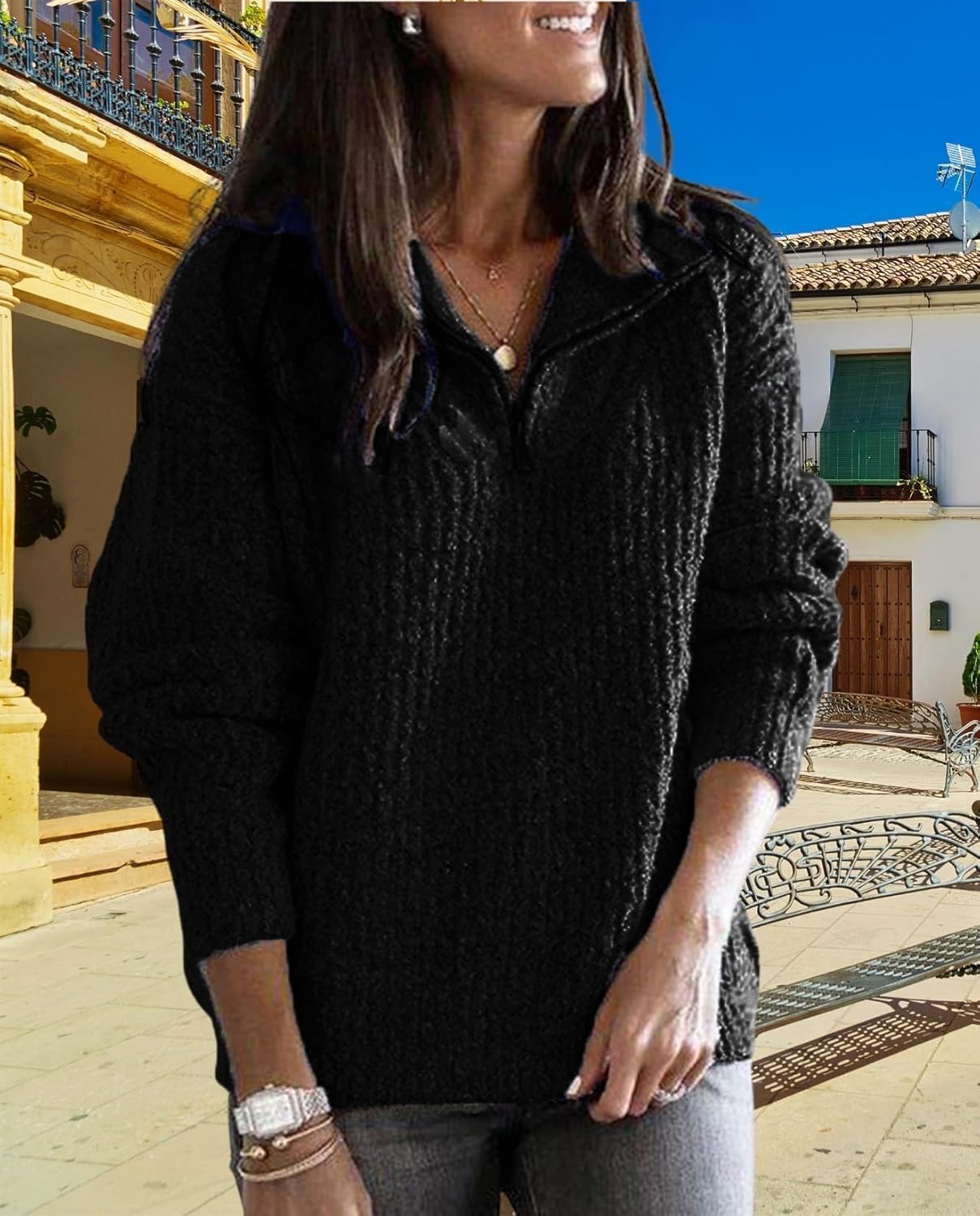 Women's Pullover Sweater - Fall Winter Loose Fit 1/4 Zip Solid Color Casual Top for Vacation Daily Wear - Image 5