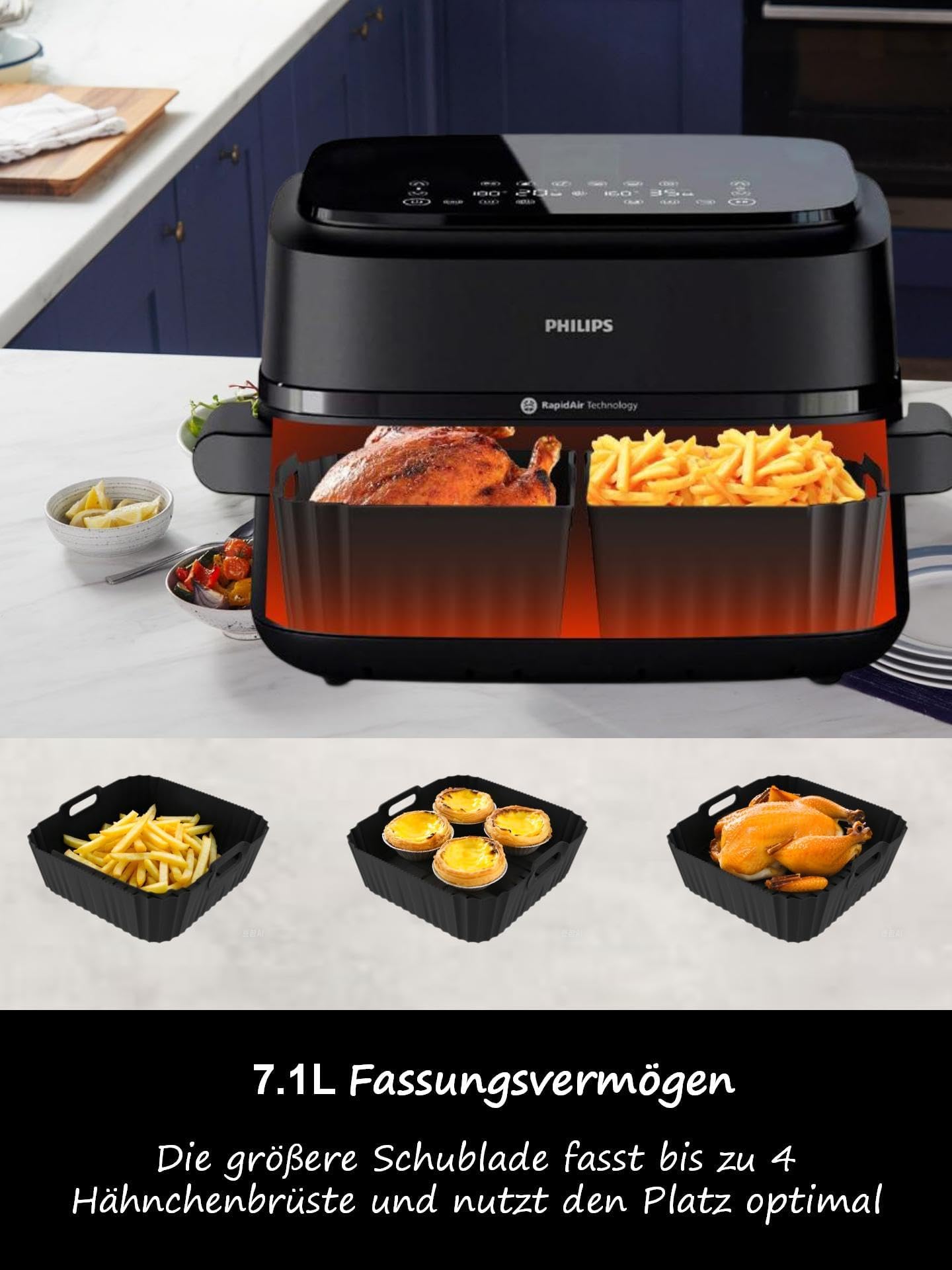 Stampo in silicone per friggitrice ad aria calda, accessori per Philips Airfryer serie 1000, set da 3 pezzi, nero, rettangolare, antiaderente, senza BPA, cestello flessibile, 7,1 l (NA154/00