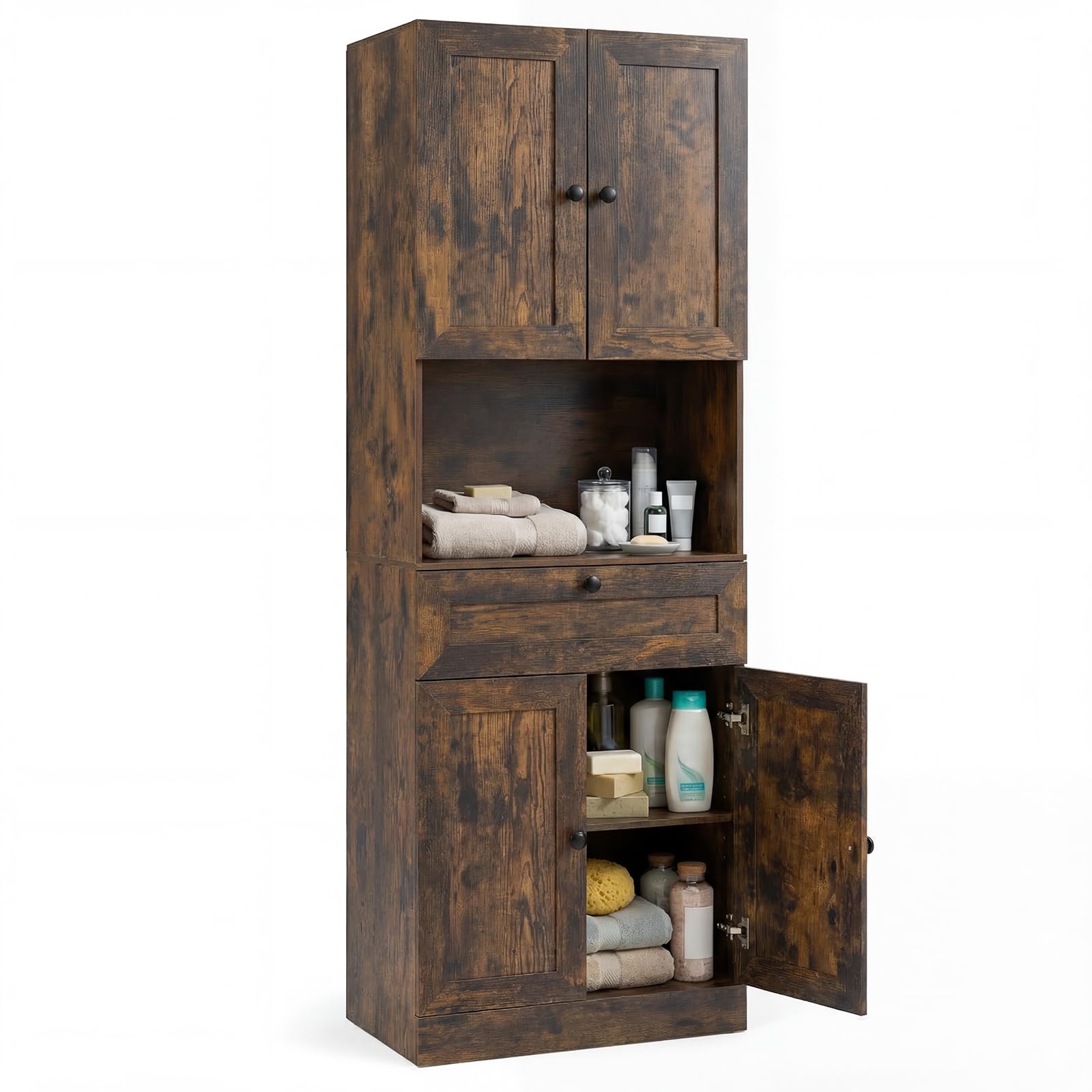 GIANTEX Armario Alto de Baño, 60x35x171,5cm, Mueble de Almacenamiento con 4 Puertas, 1 Cajón y Compartimento Abierto, Estante Ajustable, Kits Antivuelco, Organizador para Salón, Cocina (Marrón)