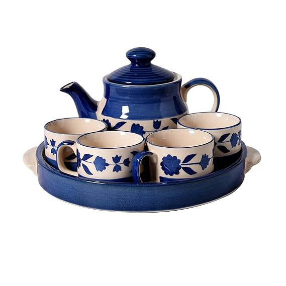 Kraftmania Ceramic Kettle and Cup Set 1 Kettle 1 Plate and 4 Cup Heat Resistant Kettle Capacity 575 ML and Cup Capacity 120 ML