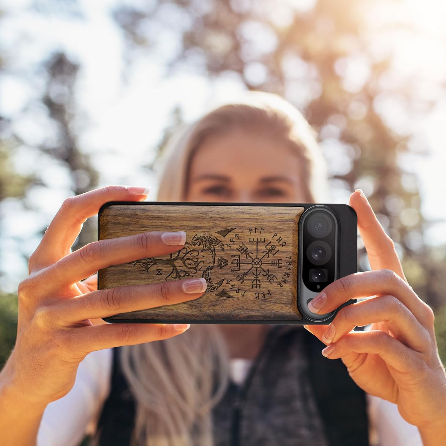 Carveit Wood Case for Pixel 9 Pro Case [Natural Wood & Black Soft TPU] Shockproof Protective Cover Unique Wooden Design Compatible with Google Pixel 9 Pro (The Guiding Vegvisir-Wlanut)