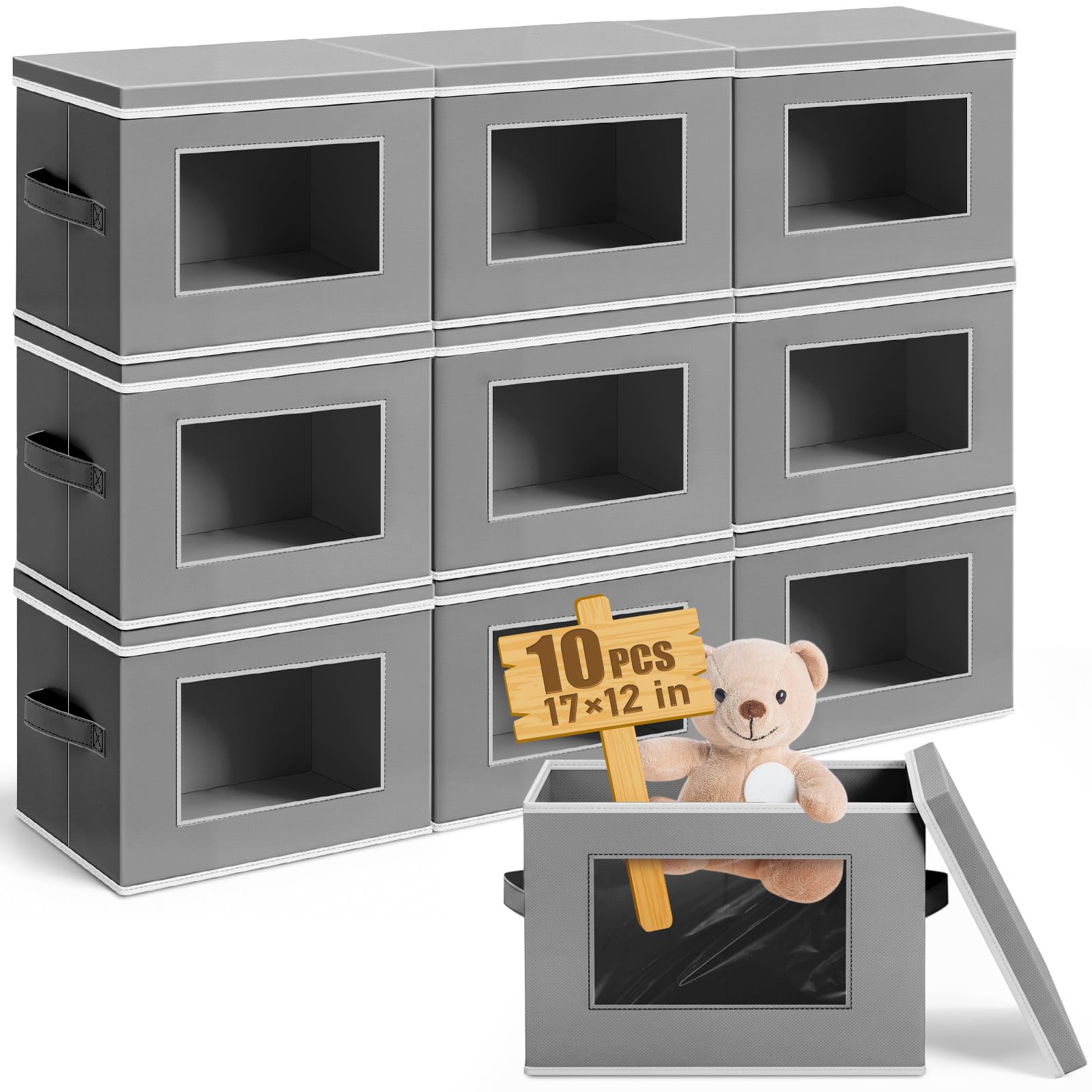 Photo 1 of Threehoney 10 Pcs Fabric Storage Cubes with Lids and Clear Windows 17x12 Inch Foldable Closet Organizer Bins Aesthetic Dark Gray Storage Bins for Shelves Dorm Essentials Craft & Office Organization