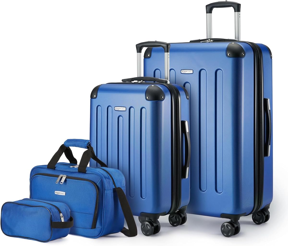 4-Piece Hardside Luggage Set with Multidirectional Spinner Wheels, 22" Carry-On, 28" Checked Suitcase, 15" Tote Bag and 10" Travel Case, Navy Blue