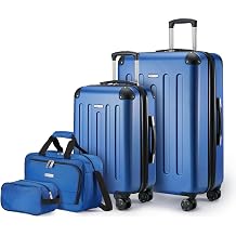 4-Piece Hardside Luggage Set with Multidirectional Spinner Wheels, 22" Carry-On, 28" Checked Suitcase, 15" Tote Bag and 10" Travel Case, Navy Blue