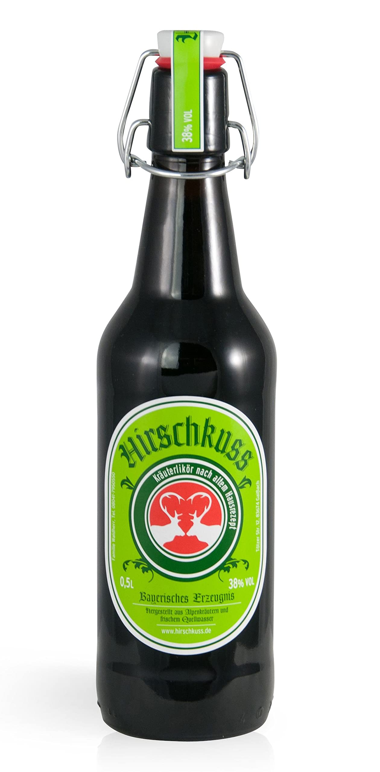 Hirschkuss 38% 0,5l Schnackelverschlussflasche, Kräuterlikör aus Oberbayern