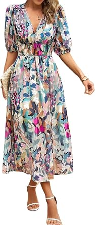 Women's Summer Boho Midi Dress V-Neck Puff Sleeve Flowy Beach Party Dresses Tropical Vacation Cruise Resort Outfits