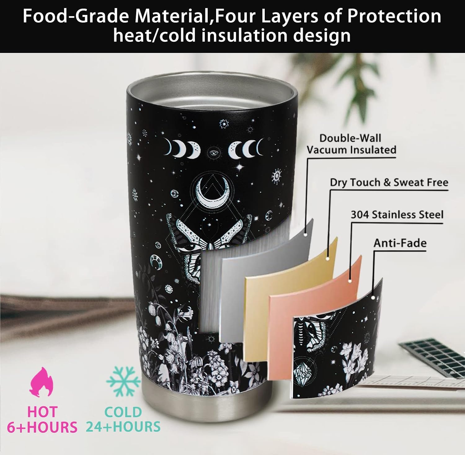 Goth Tumbler with Lid and Straw, 20oz Insulated Gothic Butterfly Tumbler, Witchy Stuff, Butterfly Coffee Mug, Halloween Gifts for Women, Reusable black Stainless Steel Tumbler Cups - Image 5