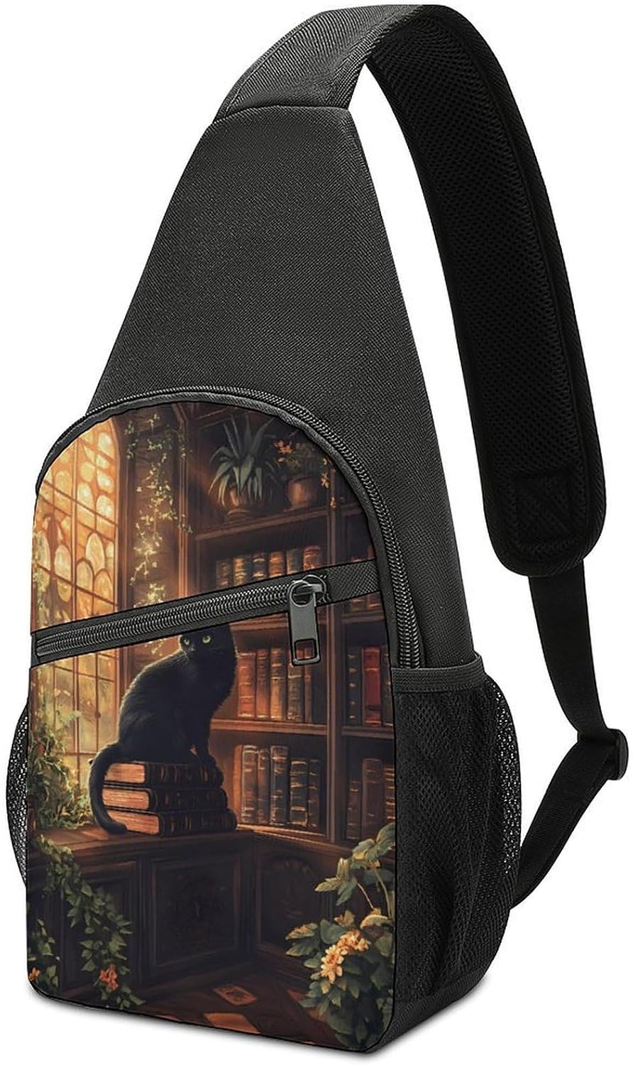 Black Cat Library Sunlight Window Crossbody Sling Backpack Chest Bag Daypack