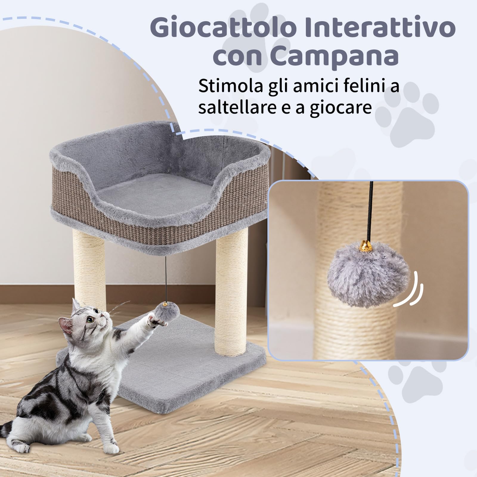 COSTWAY Albero per Gatti 38 x 38,5 x 51 cm, Tiragraffi per Gatti con Posatoio in Peluche, Pali Graffianti in Sisal e Palla Pendente, Centro Attività Moderno per Animali Domestici (Grigio)