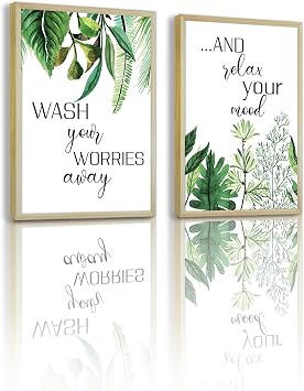 Minimalist Wooden Art Wall Decor Botanical Wall Art Wash Your Worries Away Relax Mural Green Plant with Motivational Quote Framed Wall Decor for Home Bathroom Bedroom 12"x16" Set of 2