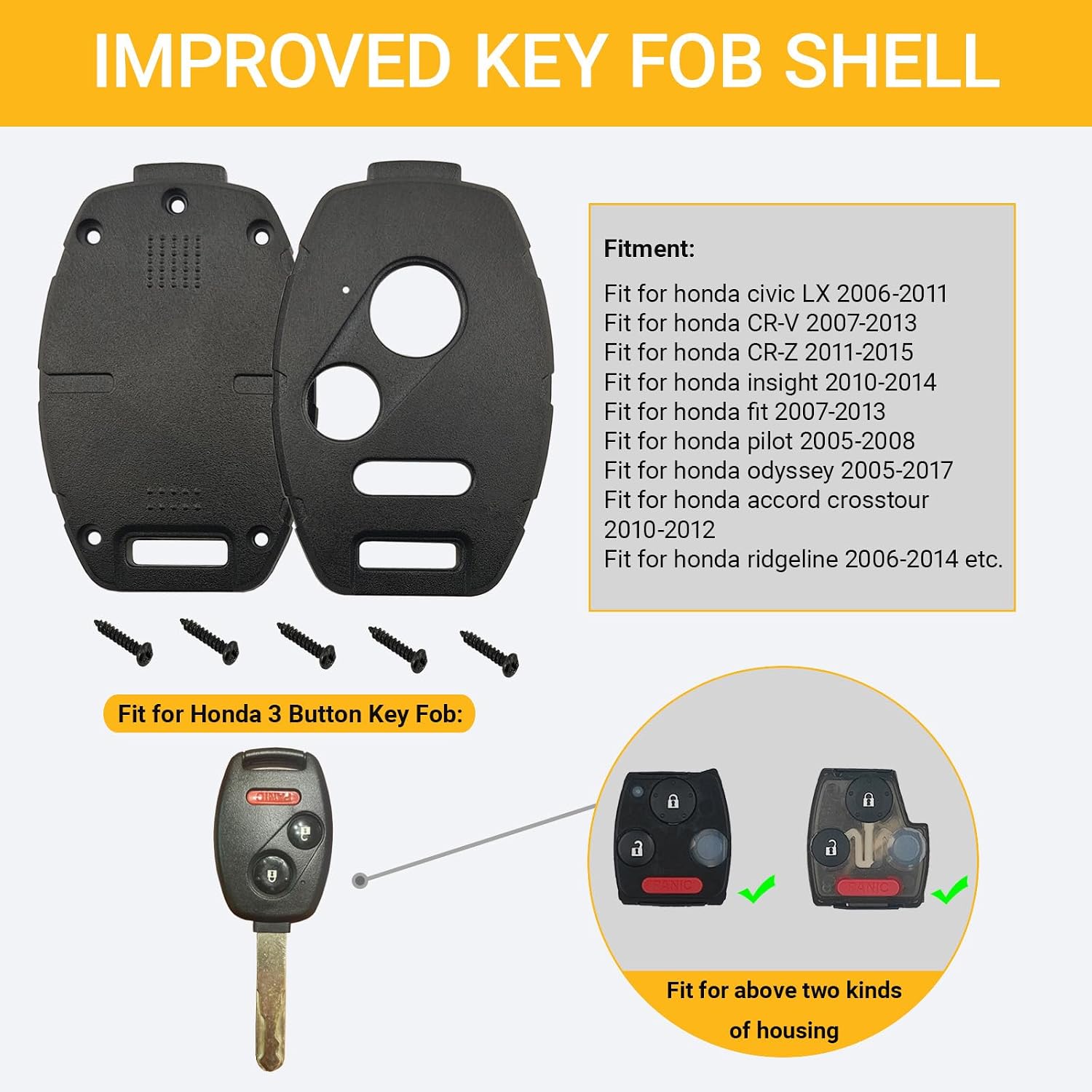 Upgraded No Cutting Required Replacement Key Fob Cover Case for Honda Accord/Civic/CR-V/Fit/Odyssey/Pilot/Ridgeline/CR-Z Key Fob Shell Crack-Resistant & Sturdy (3 Button)