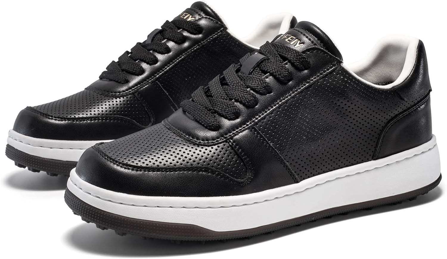UOFEIY Men's Golf Shoes Spikeless, Water-Resistant Leather Upper, Comfortable Walking Cushion, Rubber Traction Outsole, Breathable Perforated Design, Golf Sneakers