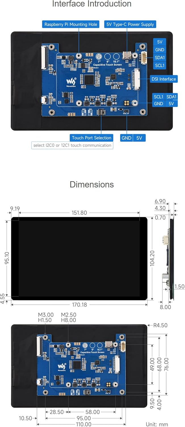 7inch DSI IPS Capacitive Touch Display for Raspberry Pi 5/4B/3B/CM3/3+/4, 1280 × 800 Resolution, Optical Bonding Toughened Glass Panel,10-Point Touch @XYGStudy (7inch DSI LCD (E))