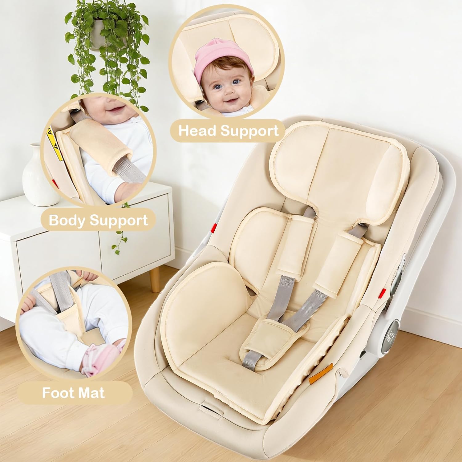 Hooyax Infant Car Seat Insert with Ultra-Thick Head Support - Universal 3-in-1 Baby Car Seat Cushion Set, Dual-Sided Newborn Carseat Insert for Carseat, Stroller, Bouncer, Swing(Apricot)