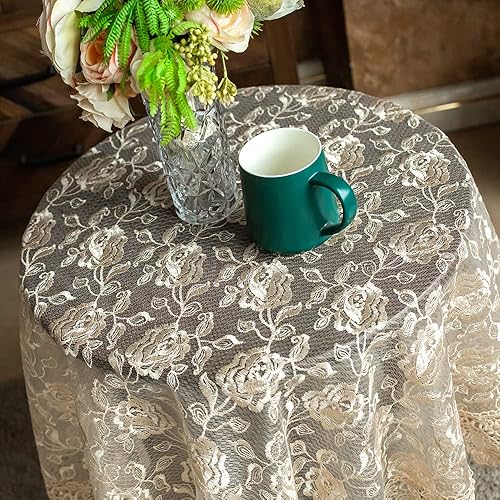 Miniatura 2 de SUTAVIA Mantel redondo de tela de encaje rosa dorado floral para mesa auxiliar, protector clásico a prueba de polvo para comedor, picnic, boda,