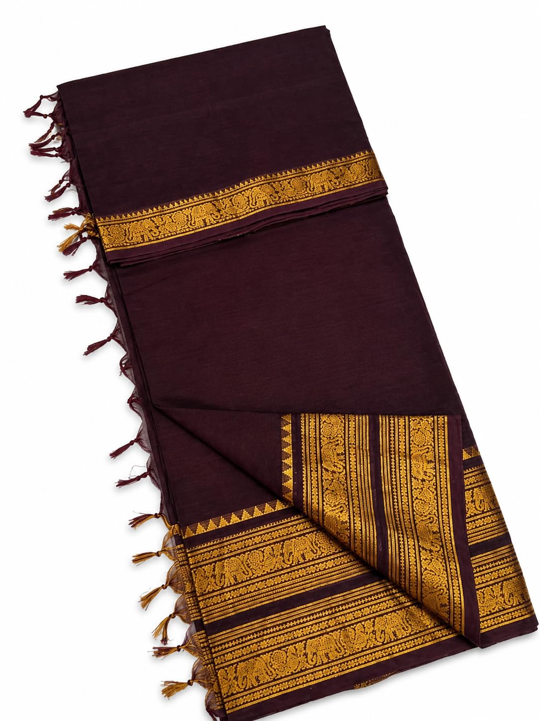 Dark coffee brown Cotton Saree with Gold Zari Elephant Border-image-44