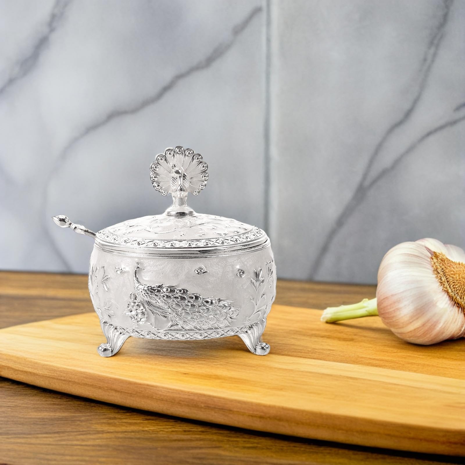 ABOOFAN Zuccheriera Decorativa in Vetro e Lega Argento con Coperchio e Cucchiaino, Raffinato Contenitore Tondo per Zucchero, Facile da Pulire, per Banco Cucina e Dessert
