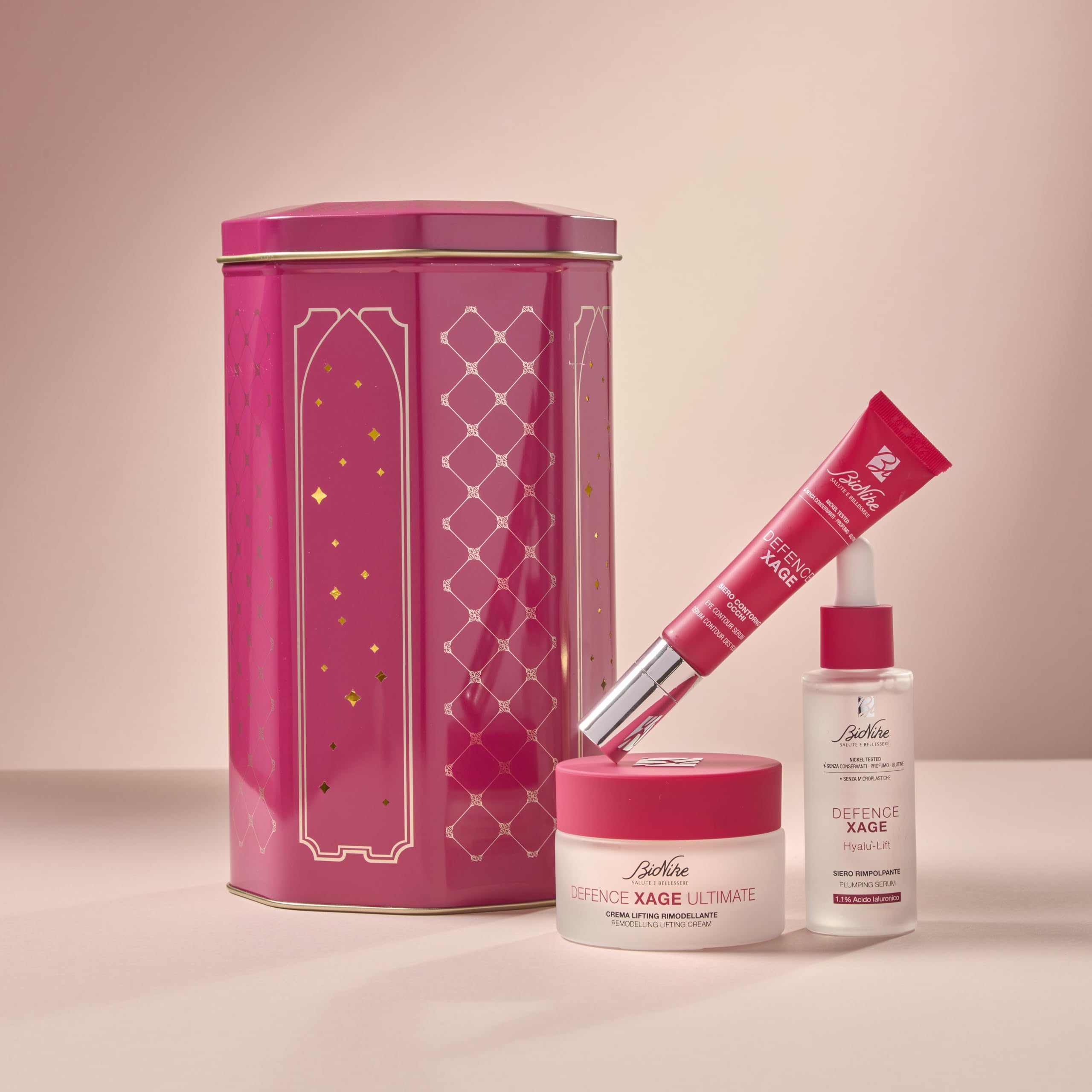 BioNike Geschenkset für Damen, Anti-Age Defence Xage – Augenkontur-Serum 15 ml, Hylu-Lifting-Serum 30 ml, Ultimate Lifting remodellierende Creme 50 ml für reife Haut