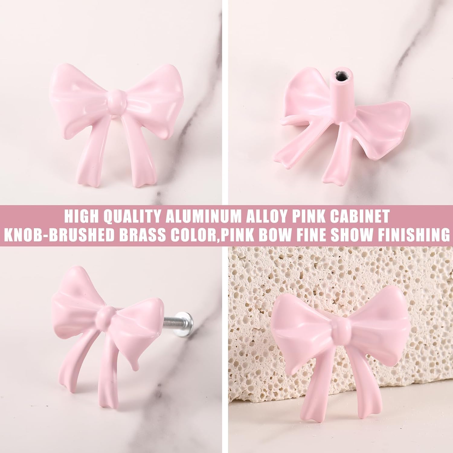 Hotop 15 Pack Pink Bow Dresser Knobs Cabinet Drawer Knobs with 2 Kinds Screws for Hardware Dresser Kitchen Drawer Aluminum Alloy Oxidation Wire Drawing Handle, 1.57" x 1.18"