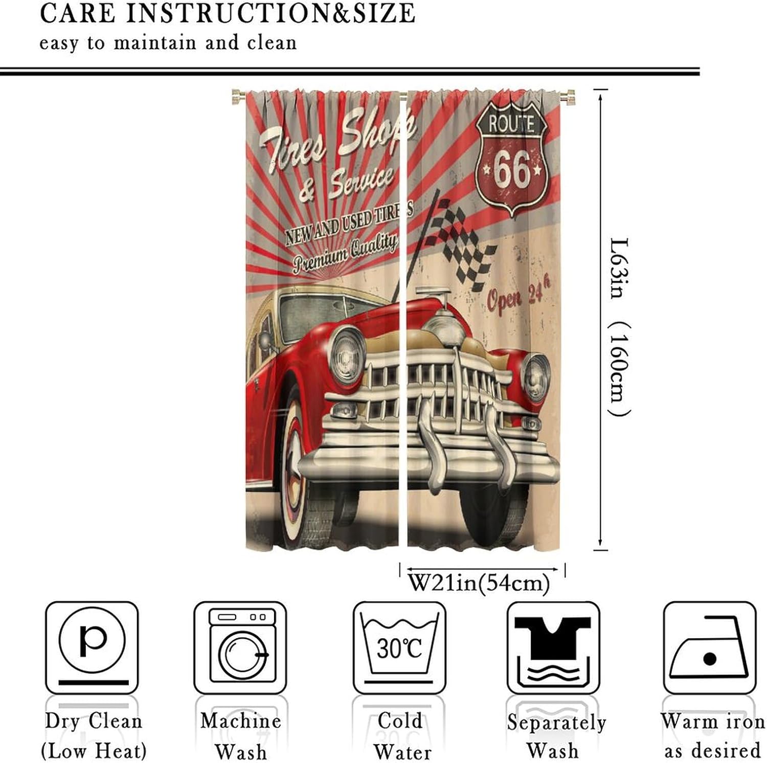 Vintage Car Curtains, Us Route 66 Tire Service Vintage Poster Print for Bedroom Living Room Kitchen Office Rod Bag Curtains42X63 Inch