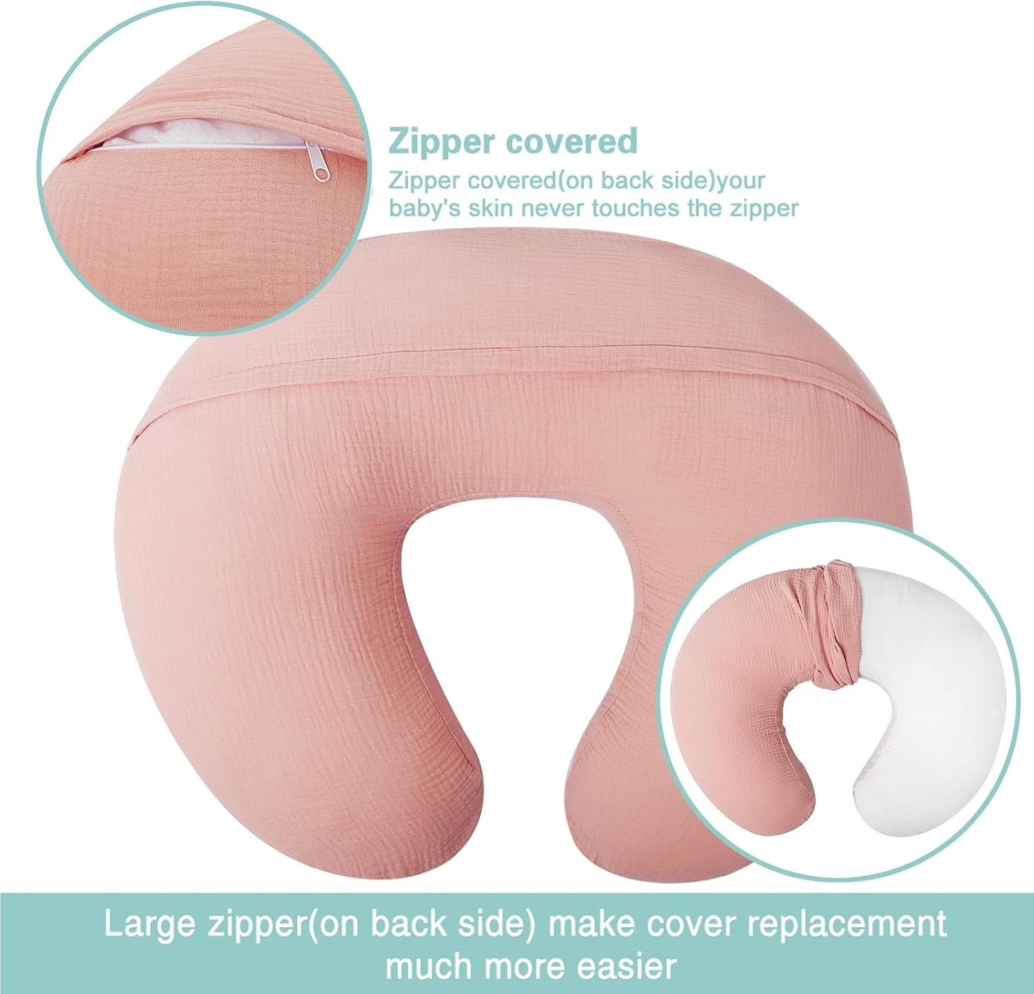 Owlowla Muslin Nursing Pillow Cover,2Pack Soft Cotton Nursing Cover Set Fits Breastfeeding Pillow for Baby Boy Girl(Cream&Blush)