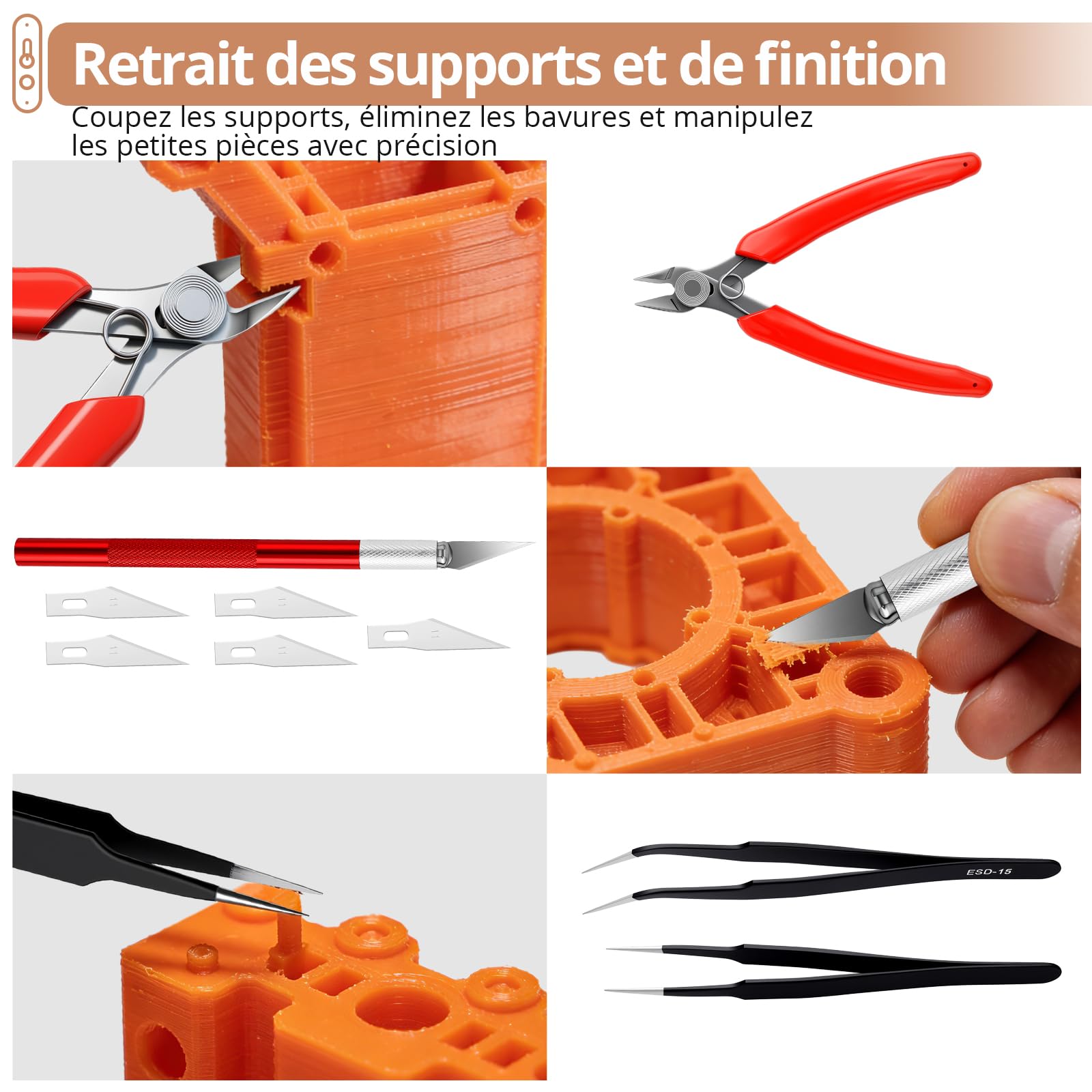 Kamtop Kit Outils Impression 3D Standard – Outils Post-Traitement Imprimante 3D avec Coupe Filament, Couteau de Précision, Spatules, Limes et Aiguilles Nettoyage Buse pour PLA ABS Résine